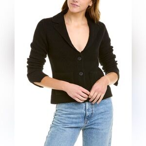 New White + Warren Wool Cotton Blend Cardigan Jacket Blazer Black Knit